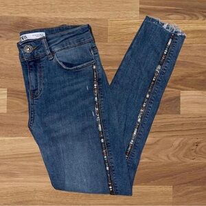 Zara Blue Ankle Cropped Jeans with Metallic Trim